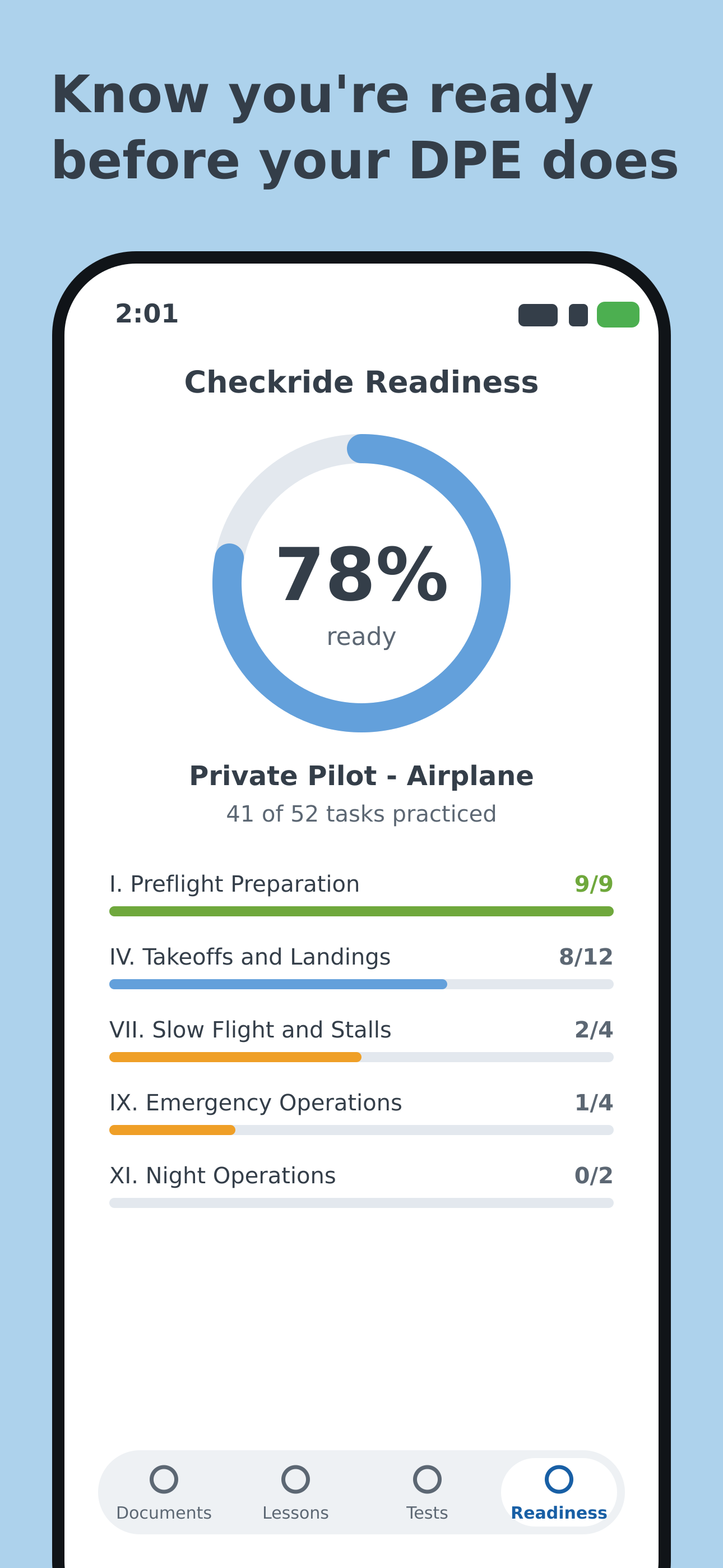 Checkride Readiness screen showing a 78% readiness score broken down by ACS area of operation