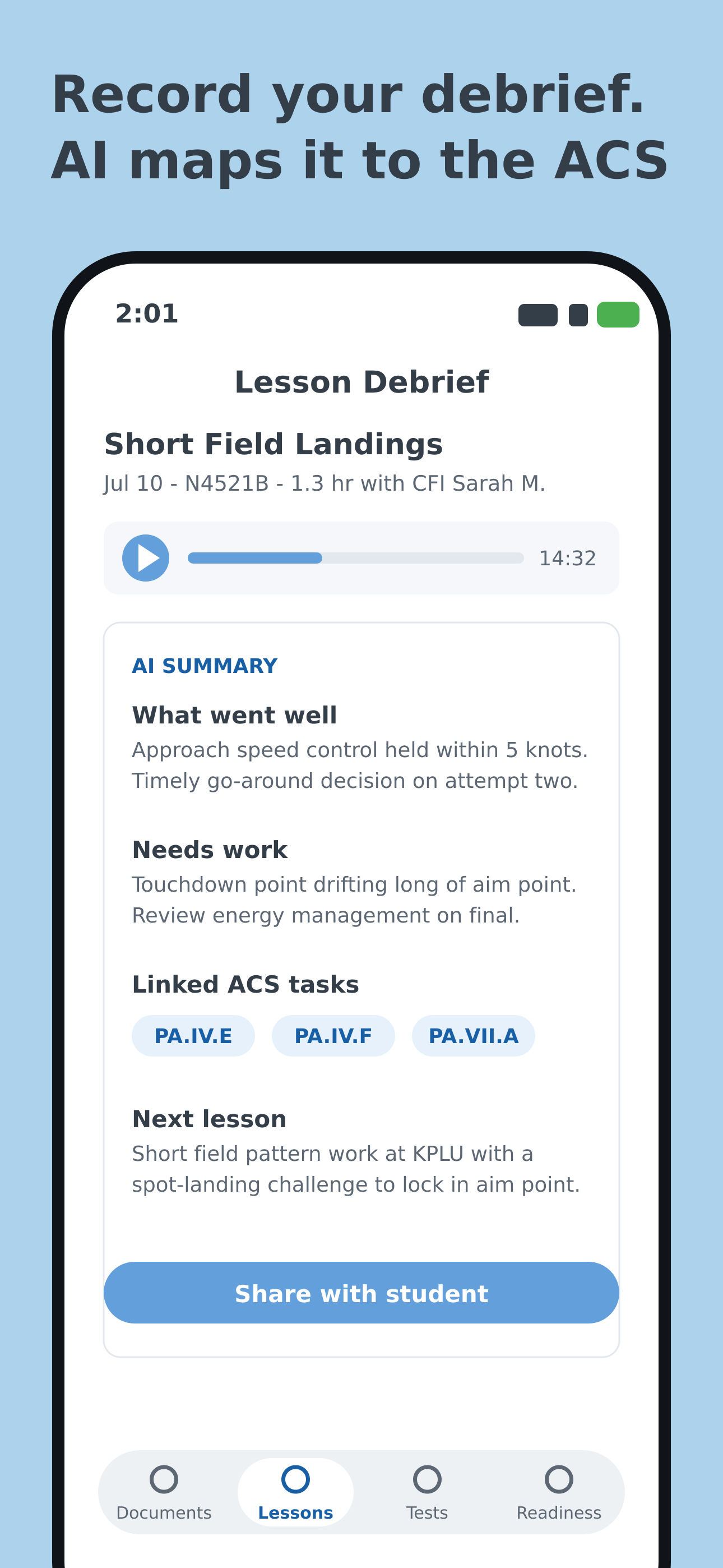 Lesson Debrief screen with an AI summary of what went well, what needs work, and linked ACS tasks