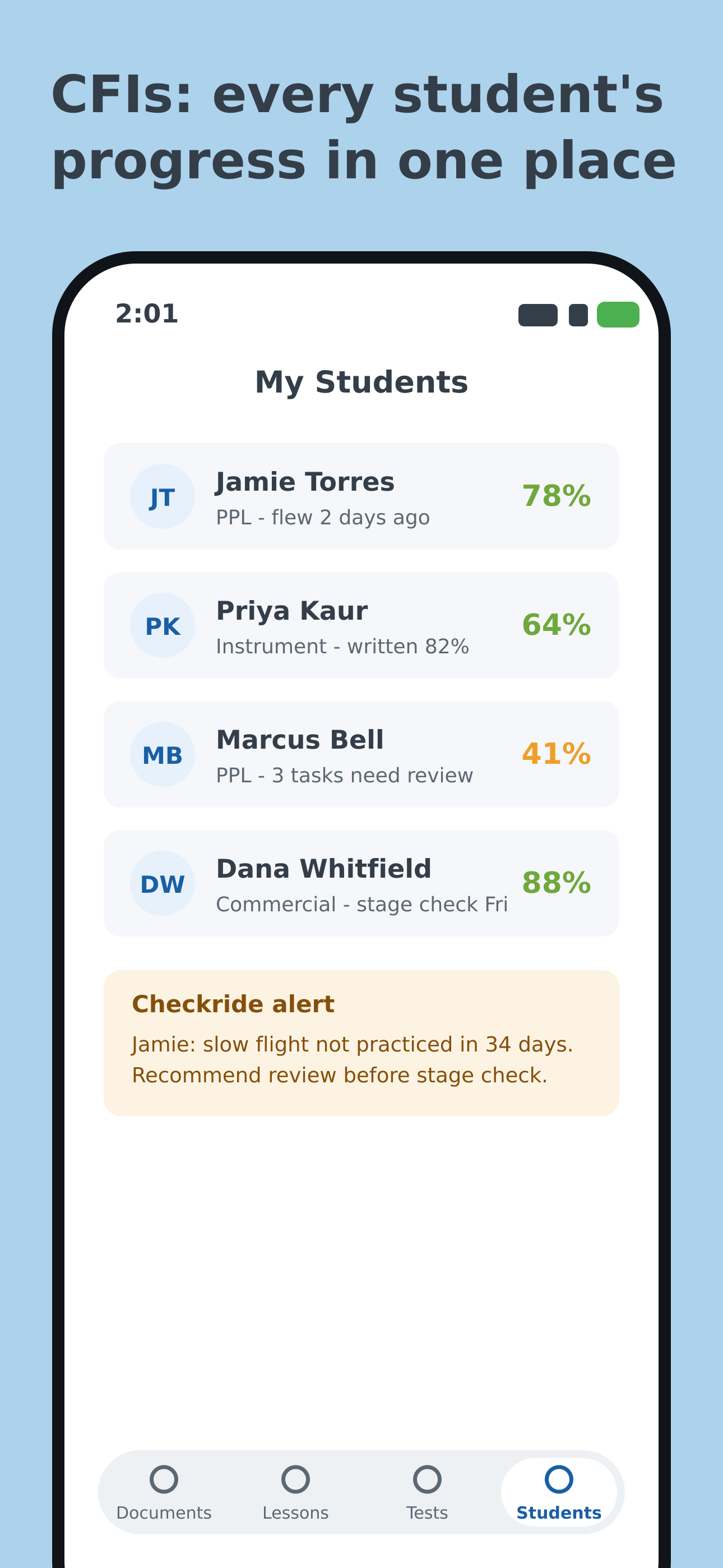 My Students screen for CFIs showing each student's readiness percentage and a checkride alert